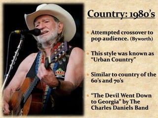 Country: 1980’sAttempted crossover to pop audience. (Byworth)This style was known as “Urban Country”Similar to country of the 60’s and 70’s“The Devil Went Down to Georgia” by The Charles Daniels Band