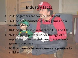 Industry facts
1 25% of gamers are over 50 years old
2 37% of head households play games on a
  wireless device
3 84% of games sold were rated E, T and E10+
4 92% of game players under the age of 18
  report that their parents are there when a
  game is purchase
5 63% of parents believe games are positive for
  children
 