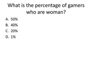 What is the percentage of gamers
         who are woman?
A.   50%
B.   40%
C.   20%
D.   1%
 