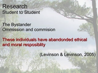 ResearchResearch
Student to StudentStudent to Student
The BystanderThe Bystander
Ommission and commisionOmmission and commision
These individuals have abandonded ethicalThese individuals have abandonded ethical
and moral resposiblityand moral resposiblity
(Levinson & Levinson, 2005)(Levinson & Levinson, 2005)
 
