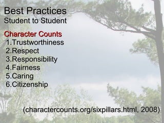 Best PracticesBest Practices
Student to StudentStudent to Student
Character CountsCharacter Counts
1.1.TrustworthinessTrustworthiness
2.2.RespectRespect
3.3.ResponsibilityResponsibility
4.4.FairnessFairness
5.5.CaringCaring
6.6.CitizenshipCitizenship
(charactercounts.org/sixpillars.html, 2008)(charactercounts.org/sixpillars.html, 2008)
 