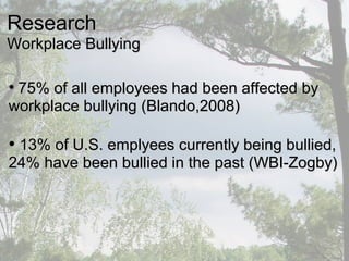 ResearchResearch
Workplace BullyingWorkplace Bullying
• 75% of all employees had been affected by75% of all employees had been affected by
workplace bullying (Blando,2008)workplace bullying (Blando,2008)
• 13% of U.S. emplyees currently being bullied,13% of U.S. emplyees currently being bullied,
24% have been bullied in the past (WBI-Zogby)24% have been bullied in the past (WBI-Zogby)
 