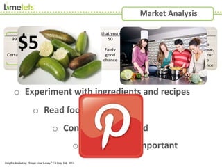 Market Analysis
o Experiment with ingredients and recipes
o Read food blogs
o Converse about food
o Find novelty important
$5
Poly Pro Marketing. “Finger Lime Survey.” Cal Poly, Feb. 2013.
 