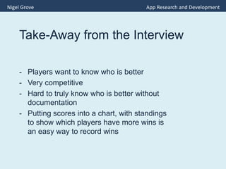 Take-Away from the Interview
- Players want to know who is better
- Very competitive
- Hard to truly know who is better without
documentation
- Putting scores into a chart, with standings
to show which players have more wins is
an easy way to record wins
Nigel Grove App Research and Development
 