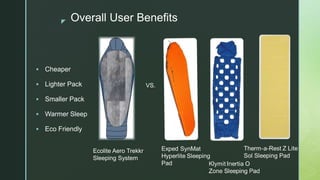 z Overall User Benefits
 Cheaper
 Lighter Pack
 Smaller Pack
 Warmer Sleep
 Eco Friendly
VS.
Ecolite Aero Trekkr
Sleeping System
 