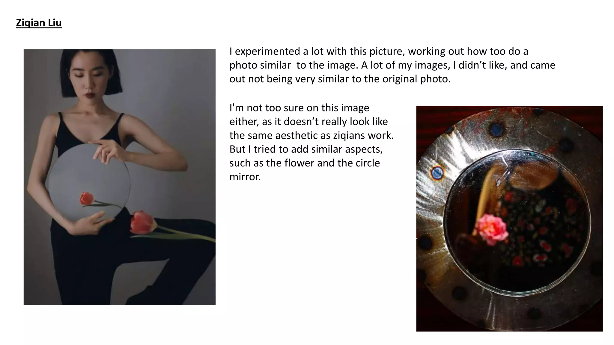 Ziqian Liu
I experimented a lot with this picture, working out how too do a
photo similar to the image. A lot of my images, I didn’t like, and came
out not being very similar to the original photo.
I'm not too sure on this image
either, as it doesn’t really look like
the same aesthetic as ziqians work.
But I tried to add similar aspects,
such as the flower and the circle
mirror.
 