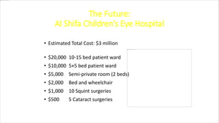 The Future:
Al Shifa Children’s Eye Hospital
• Estimated Total Cost: $3 million
• $20,000 10-15 bed patient ward
• $10,000 5×5 bed patient ward
• $5,000 Semi-private room (2 beds)
• $2,000 Bed and wheelchair
• $1,000 10 Squint surgeries
• $500 5 Cataract surgeries
 