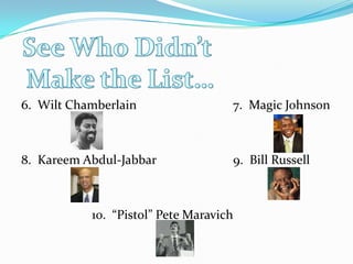 See Who Didn’t Make the List…6.  Wilt Chamberlain  			7.  Magic Johnson8.  Kareem Abdul-Jabbar			9.  Bill Russell			10.  “Pistol” Pete Maravich