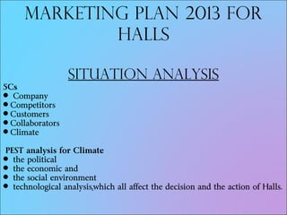 MARKETING PLAN 2013 FOR
HALLS
SITUATION ANALYSIS
5Cs
 Company
Competitors
Customers
Collaborators
Climate
PEST analysis for Climate
 the political
 the economic and
 the social environment
 technological analysis,which all affect the decision and the action of Halls.
 