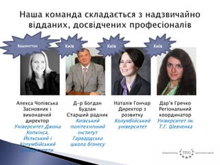 Вашингтон          Київ              Київ                Київ




Алекса Чопівська      Д-р Богдан         Наталія Гончар     Дар’я Гречко
  Засновник і           Будзан            Директор з        Регіональний
  виконавчий        Старший радник         розвитку         координатор
   директор             Київський        Колумбійський     Університет ім.
Університет Джона     політехнічний       університет       Т.Г. Шевченка
     Хопкінса,           інститут
    Йєльський і        Гарвардська
  Колумбійський       школа бізнесу
   університети
 