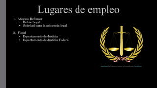 Lugares de empleo
1. Abogado Defensor
• Bufete Legal
• Sociedad para la asistencia legal
2. Fiscal
• Departamento de Justicia
• Departamento de Justicia Federal
This Photo by Unknown Author is licensed under CC BY-SA
 