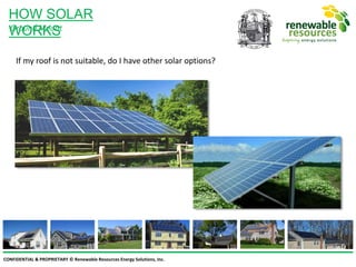 CONFIDENTIAL & PROPRIETARY © Renewable Resources Energy Solutions, Inc.
If my roof is not suitable, do I have other solar options?
HOW SOLAR
WORKSGround Mount
 
