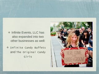 Infinite Events, LLC has
also expanded into two
other businesses as well:
Infinite Candy Buffets
and The Original Candy
Girls

 