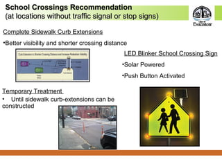 School Crossings RecommendationSchool Crossings Recommendation
(at locations without traffic signal or stop signs)(at locations without traffic signal or stop signs)
Temporary Treatment
• Until sidewalk curb-extensions can be
constructed
LED Blinker School Crossing Sign
•Solar Powered
•Push Button Activated
Complete Sidewalk Curb Extensions
•Better visibility and shorter crossing distance
 