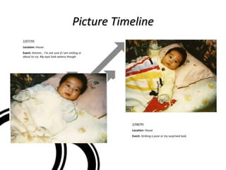 Picture Timeline 2/07/95  Location:  House Event:  Hmmm… I’m not sure if I am smiling or about to cry. My eyes look watery though. 2/08/95 Location:  House Event:  Striking a pose or my surprised look. 