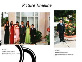 Picture Timeline 12/21/07 Location:  Outside my house Event:  Going to the second wedding this year.  6/27/07 Location:  Outside my house  Event:  My first time going to a wedding.  