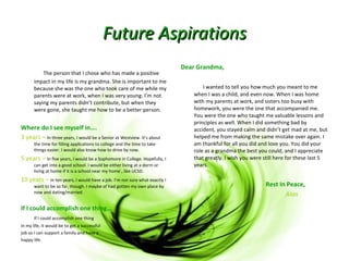 Future Aspirations   The person that I chose who has made a positive impact in my life is my grandma. She is important to me because she was the one who took care of me while my parents were at work, when I was very young. I’m not saying my parents didn’t contribute, but when they were gone, she taught me how to be a better person.  Where do I see myself in…. 3 years –  In three years, I would be a Senior at Westview. It’s about the time for filling applications to college and the time to take things easier. I would also know how to drive by now. 5 years –  In five years, I would be a Sophomore in College. Hopefully, I can get into a good school. I would be either living at a dorm or living at home if it is a school near my home , like UCSD.  10 years –  In ten years, I would have a job. I’m not sure what exactly I want to be so far, though. I maybe of had gotten my own place by now and dating/married.  If I could accomplish one thing… If I could accomplish one thing  in my life, it would be to get a successful  job so I can support a family and have a  happy life. Dear Grandma,    I wanted to tell you how much you meant to me when I was a child, and even now. When I was home with my parents at work, and sisters too busy with homework, you were the one that accompanied me. You were the one who taught me valuable lessons and principles as well. When I did something bad by accident, you stayed calm and didn’t get mad at me, but helped me from making the same mistake over again. I am thankful for all you did and love you. You did your role as a grandma the best you could, and I appreciate that greatly. I wish you were still here for these last 5 years.   Rest In Peace, Alan 