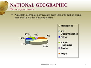 National Geographic now reaches more than 300 million people each month via the following media: The society’s expansion 