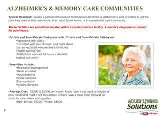 ALZHEIMER’S & MEMORY CARE COMMUNITIES
     Typical Resident: Usually a person with medium to advanced dementia or Alzheimer’s who is unable to get the
     care they need at their own home, in an adult foster home, or in a residential care community.

     These facilities are sometimes located within a residential care facility. A doctor’s diagnosis is needed
     for admittance.

     •Private and Semi-Private Bedrooms with Private and Semi-Private Bathrooms
           •Assistance with ADLs
           •Furnished with bed, dresser, and night stand
           (can be replaced with resident’s furniture)
           •Higher staffing ratio
           •Staffed and secured 24 hours a day with
           keypad lock entry.

     •Amenities Include:
         •Medication management
         •Meals provided
         •Housekeeping
         •Social activities
         •Transportation
         •Nursing Services

     •Average Cost: $2400 to $5300 per month. Many have a set price to include all
     care needs and most if not all supplies. Others have a base price and add on
     costs for care needs and supplies.
           •Semi-private: $4200, Private: $4600


11
 