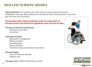 SKILLED NURSING HOMES

     Typical Resident: For patients who need 24-hour nursing supervision and/or
     rehabilitation services. Many patients are confined to bed for some portion or all of the
     day and many are incontinent. .

     Communities offer medical treatment under the supervision of
     licensed nurses and at least one registered nurse must be on duty.

     •Private and Semi-Private Rooms
          •Assistance with ADLs
          •Furnished

     •Amenities Include:
         •Medication management
         •Meals provided
         •Housekeeping
         •Social activities
         •Full time nursing and medical supervision

     •Disadvantages:
          •Lack of individual attention
          •Highest cost

     •Average Cost: $7000 to $10,500 per month
12
 