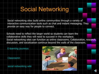 Social Networking Social networking sites build online communities through a variety of interactive communication tools such as chat and instant messaging. They provide an easy way for people to connect. Schools need to reflect the larger world so students can learn the  collaborative skills they will need to succeed in the workplace. Social networking sites can function as online classrooms. Collaboration, research, discussion, and socialization continue beyond the walls of the classroom. E-learning journeys Classroomn social networking wiki 