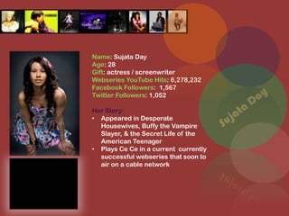 Name: Sujata Day
Age: 28
Gift: actress / screenwriter
Webseries YouTube Hits: 6,278,232
Facebook Followers: 1,567
Twitter Followers: 1,052

Her Story:
• Appeared in Desperate
  Housewives, Buffy the Vampire
  Slayer, & the Secret Life of the
  American Teenager
• Plays Ce Ce in a current currently
  successful webseries that soon to
  air on a cable network
 