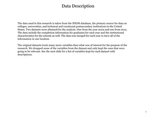 6
Data Description
The data used in this research is taken from the IPEDS database, the primary source for data on
colleges, universities, and technical and vocational postsecondary institutions in the United
States. Two datasets were obtained for the analysis. One from the year 2002 and one from 2012.
The data include the completion information for graduates for each year and the institutional
characteristics for the schools as well. The data was merged for each year to have all of the
information in one location.
The original datasets track many more variables than what was of interest for the purpose of the
research. We dropped some of the variables from the dataset and only kept the ones that were
going to be relevant. See the next slide for a list of variables kept for each dataset with
descriptions.
 