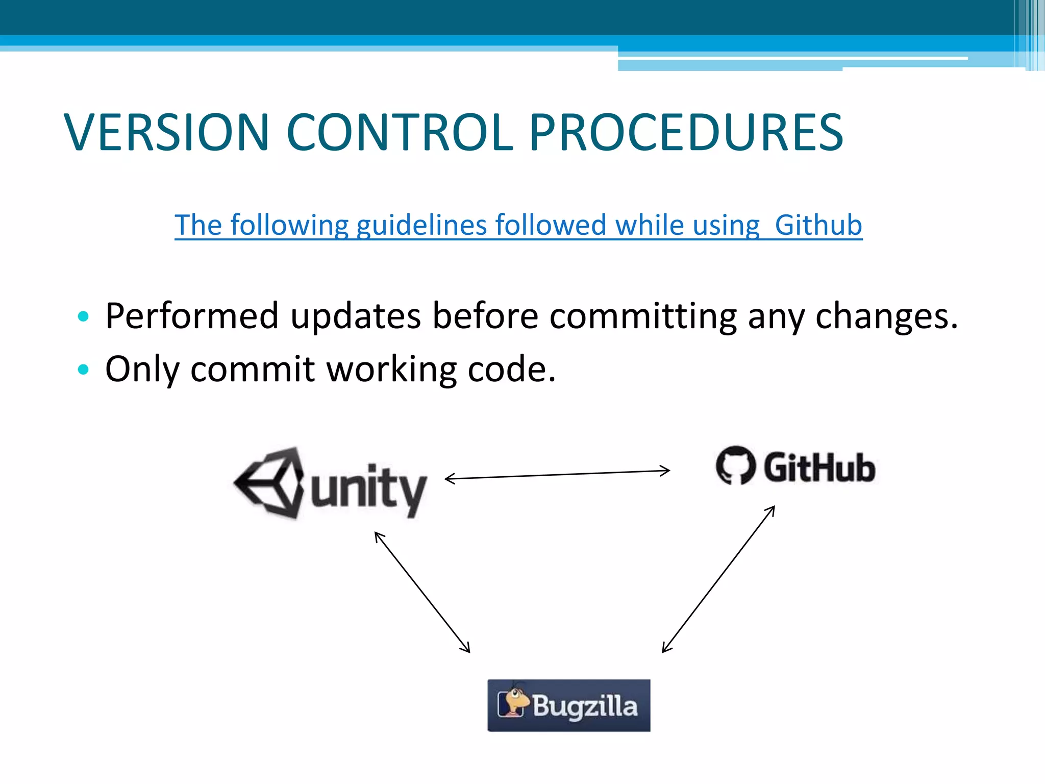 VERSION CONTROL PROCEDURES
The following guidelines followed while using Github
• Performed updates before committing any changes.
• Only commit working code.
 