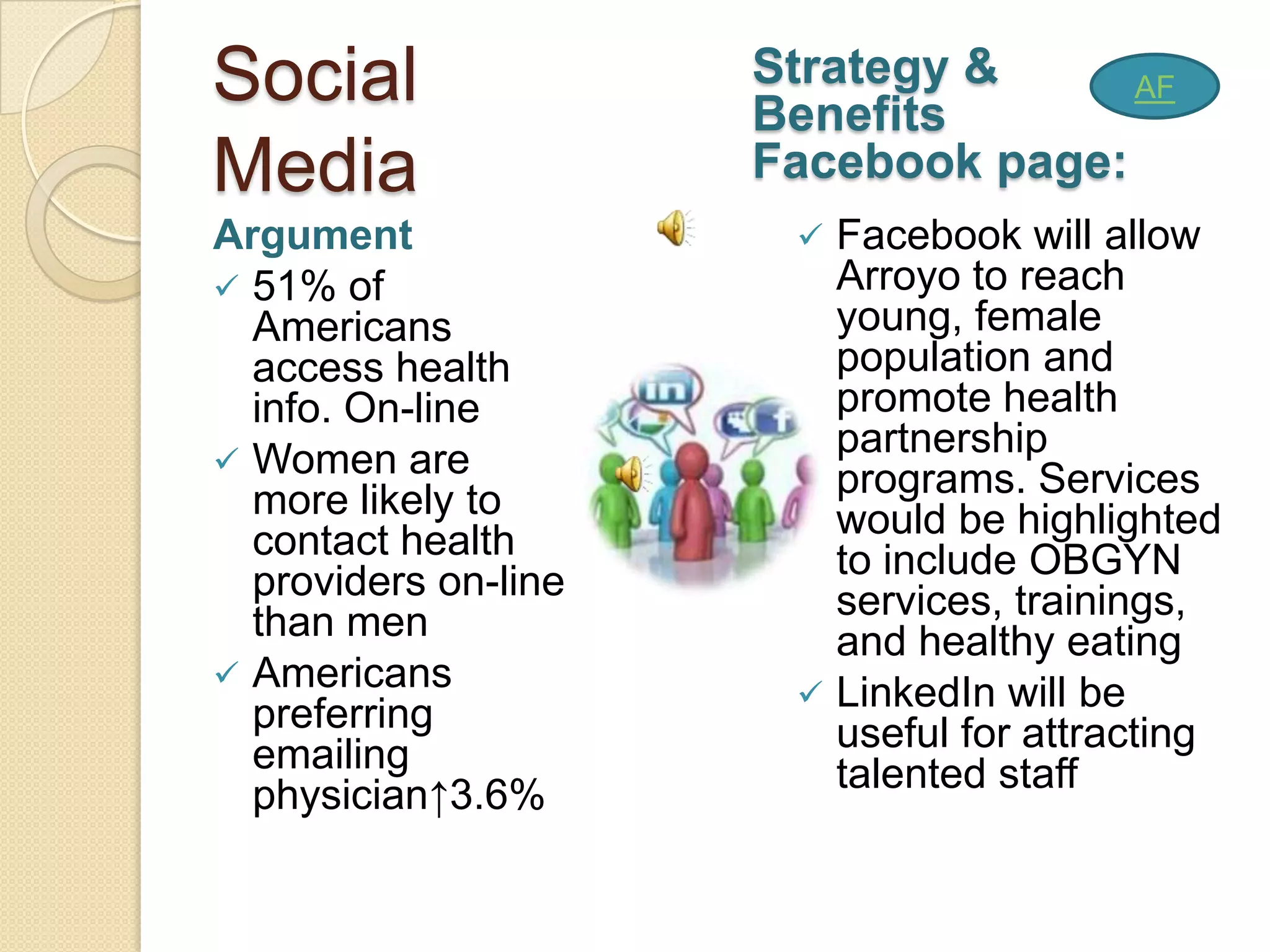 Social                Strategy &
                      Benefits
                                     AF

Media                 Facebook page:
Argument                  Facebook will allow
 51% of                   Arroyo to reach
  Americans                young, female
  access health            population and
  info. On-line            promote health
                           partnership
 Women are
  more likely to           programs. Services
                           would be highlighted
  contact health           to include OBGYN
  providers on-line        services, trainings,
  than men                 and healthy eating
 Americans
                          LinkedIn will be
  preferring               useful for attracting
  emailing                 talented staff
  physician↑3.6%
 