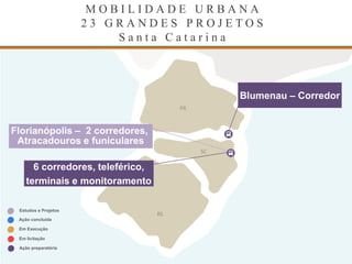 M O B I L I D A D E U R B A N A
2 3 G R A N D E S P R O J E T O S
S a n t a C a t a r i n a
Ação concluída
Em Execução
Em licitação
Ação preparatória
Estudos e Projetos
PR
SC
RS
6 corredores, teleférico,
terminais e monitoramento
Blumenau – Corredor
Florianópolis – 2 corredores,
Atracadouros e funiculares
 