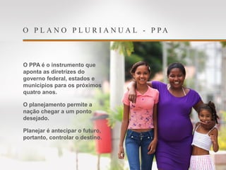 O P L A N O P L U R I A N U A L - P P A
O PPA é o instrumento que
aponta as diretrizes do
governo federal, estados e
municípios para os próximos
quatro anos.
O planejamento permite a
nação chegar a um ponto
desejado.
Planejar é antecipar o futuro,
portanto, controlar o destino.
 