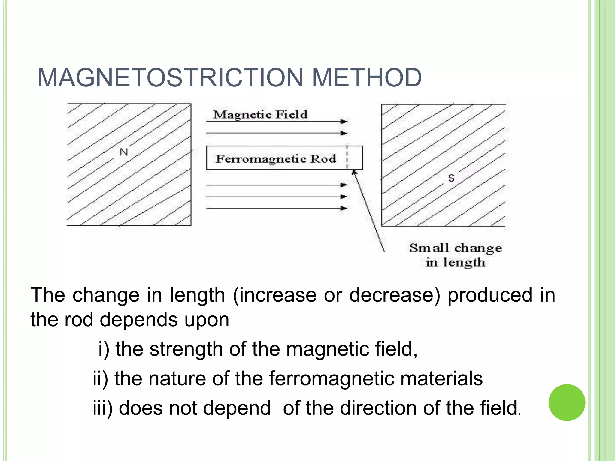 MAGNETOSTRICTION METHOD
The change in length (increase or decrease) produced in
the rod depends upon
i) the strength of the magnetic field,
ii) the nature of the ferromagnetic materials
iii) does not depend of the direction of the field.
 