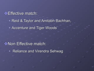 Effective match: Reid & Taylor and Amitabh Bachhan,  Accenture and Tiger Woods Non Effective match: Reliance and Virendra Sehwag  