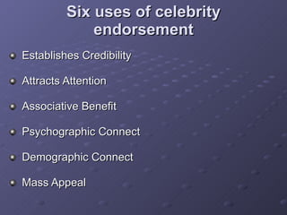 Six uses of celebrity endorsement Establishes Credibility Attracts Attention Associative Benefit Psychographic Connect Demographic Connect Mass Appeal 