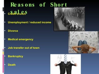Reasons of Short sales Credit crunch Unemployment / reduced income Divorce Medical emergency Job transfer out of town Bankruptcy Death  