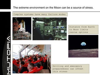 The extreme environment on the Moon can be a source of stress.

Complex systems have many failure modes




                                           Distance from Earth
                                           to Moon limits
                                           rescue options




                              Drilling and emergency
                              preparedness can offset
                              this stress
 