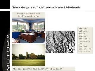 Natural design using fractal patterns is beneficial to health.

    Corner offices are
     highly desirable




                                                            Natural
                                                            patterns
                                                            evoke
                                                            strong
                                                            emotional
                                                            responses
                                                            that
                                                            improve
                                                            health and
                                                            cognition




“No one laments the monotony of a tree”
 