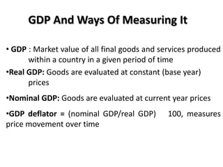 GDP And Ways Of Measuring ItGDP : Market value of all final goods and services produced 	within a country in a given period of time