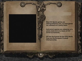 Most EA Sports games are distinguished by year, as most games are released on a yearly basis. Activision’s games are releasing on a yearly basis and on a basis of hi-fi world tournaments . EA has the license for the FIFA World Cup and the European Football Championship. 