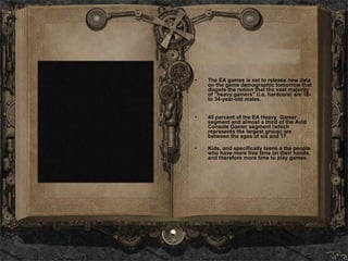 The EA games is set to release new data on the game demographic tomorrow that dispels the notion that the vast majority of "heavy gamers" (i.e. hardcore) are 18- to 34-year-old males. 45 percent of the EA Heavy  Gamer segment and almost a third of the Avid Console Gamer segment (which represents the largest group) are between the ages of six and 17. Kids, and specifically teens a the people who have more free time on their hands, and therefore more time to play games. 