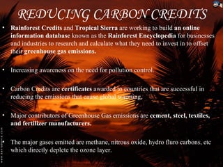 REDUCING CARBON CREDITS
• Rainforest Credits and Tropical Sierra are working to build an online
  information database known as the Rainforest Encyclopedia for businesses
  and industries to research and calculate what they need to invest in to offset
  their greenhouse gas emissions.

• Increasing awareness on the need for pollution control.

• Carbon Credits are certificates awarded to countries that are successful in
  reducing the emissions that cause global warming.

• Major contributors of Greenhouse Gas emissions are cement, steel, textiles,
  and fertilizer manufacturers.

• The major gases emitted are methane, nitrous oxide, hydro fluro carbons, etc
  which directly deplete the ozone layer.
 
