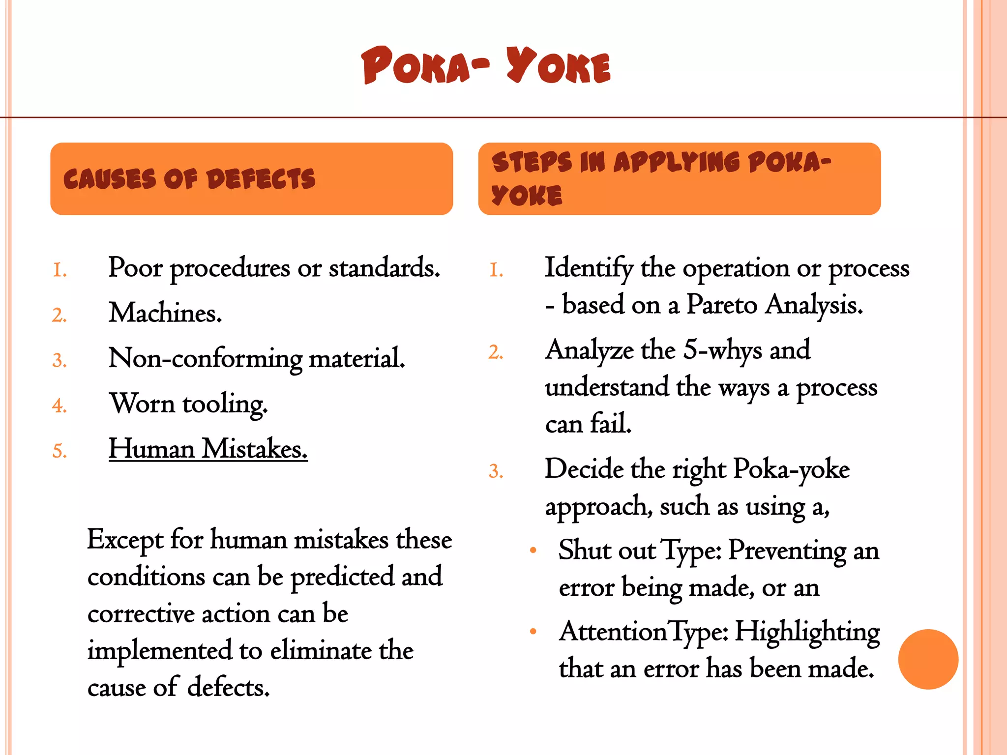 POKA- YOKE
                                       Steps in applying Poka-
 Causes Of Defects
                                       Yoke

1.    Poor procedures or standards.    1.    Identify the operation or process
2.    Machines.                              - based on a Pareto Analysis.
3.    Non-conforming material.         2.    Analyze the 5-whys and
                                             understand the ways a process
4.    Worn tooling.
                                             can fail.
5.    Human Mistakes.
                                       3.    Decide the right Poka-yoke
                                             approach, such as using a,
     Except for human mistakes these        • Shut out Type: Preventing an
     conditions can be predicted and           error being made, or an
     corrective action can be
                                            • AttentionType: Highlighting
     implemented to eliminate the
                                               that an error has been made.
     cause of defects.
 