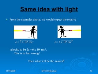 Same idea with light From the examples above, we would expect the relative c = 3 x 10 8  ms -1   c = 3 x 10 8  ms -1 velocity to be 2c = 6 x 10 8  ms -1 . This is in fact wrong! Then what will be the answer ? 
