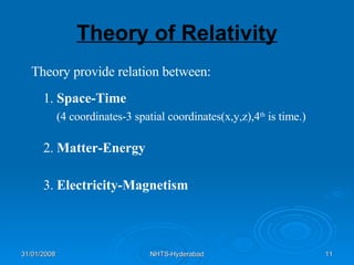 Theory of Relativity Theory provide relation between: 1.  Space-Time (4 coordinates-3 spatial coordinates(x,y,z),4 th  is time.)   2.  Matter-Energy 3.  Electricity-Magnetism 
