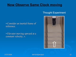   Thought Experiment   Consider an inertial frame of reference. Elevator moving upward at a constant velocity,  v . Now Observe Same Clock moving 