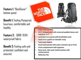 Large mesh pockets Main compartment with universal padded sleeve and hydration port Laminated back panel with breathable mesh Small mesh pocket on shoulder strap Tuck-away hipbelt Small stash pocket with water-resistant zip on front Front compartment with organizer Dual mesh, side water bottle pockets with reinforcement Reflective hits Feature 1:  BackSaver bottom panel  Benefit 1:  Feeling Pampered, luxurious, comfortable and healthy Feature 2:  GORE-TEX? waterproof fabric  Benefit 2:  Feeling safe and protected, confident and assured. 
