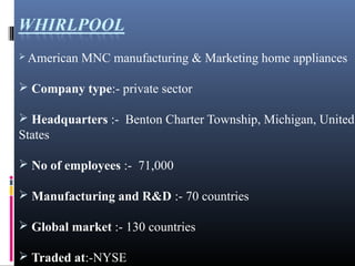  American   MNC manufacturing & Marketing home appliances

 Company type:- private sector

 Headquarters :- Benton Charter Township, Michigan, United
States

 No of employees :- 71,000

 Manufacturing and R&D :- 70 countries

 Global market :- 130 countries

 Traded at:-NYSE
 