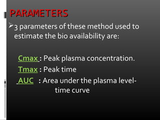 PARAMETERSPARAMETERS
3 parameters of these method used to
estimate the bio availability are:
Cmax : Peak plasma concentration.
Tmax : Peak time
AUC : Area under the plasma level-
time curve
 