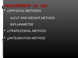 MEASUREMENT OF AUCMEASUREMENT OF AUC
 1)PHYSICAL METHODS
A)CUT AND WEIGHT METHOD
B)PLANIMETER
 2)TRAPEZOIDAL METHOD
 3)INTEGRATION METHOD
 