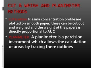 CUT & WEIGH AND PLANIMETERCUT & WEIGH AND PLANIMETER
METHODSMETHODS
 CUT & WEIGH: Plasma concentration profile are
plotted on smooth paper, these can be cut out
and weighed and the weight of the papers is
directly proportional to AUC
 PLANIMETER : A planimeter is a percision
instrument which allows the calculation
of areas by tracing there outlines
 